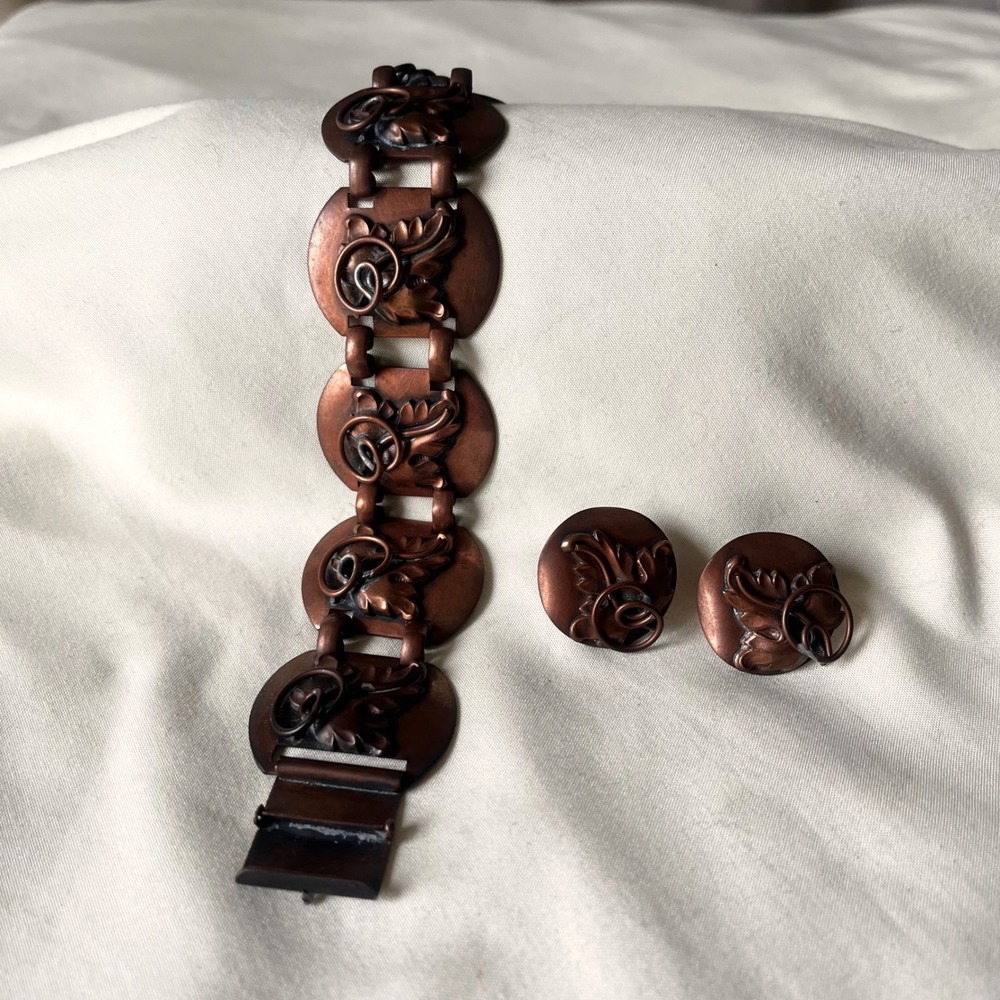 Vintage Copper Bracelet & Clip Earrings Set Floral Boho Artisan 7"